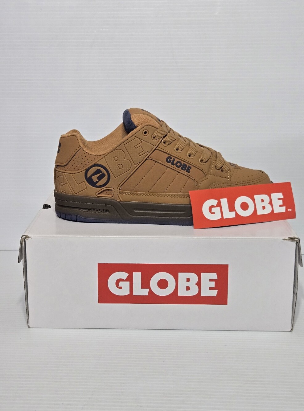 Globe Men’s Tan Low-Top Skate Sneaker w/ Navy Accents Tilt Burnt Caramel
